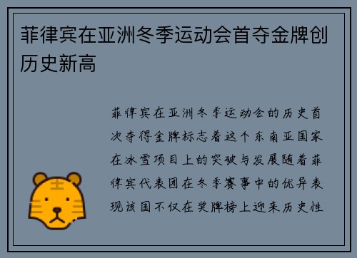 菲律宾在亚洲冬季运动会首夺金牌创历史新高